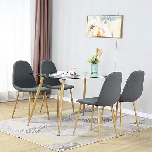 Modern Dining Table Set for 4 Person,Rectangle Glass Table and 4 Fabric Kitchen Room Chairs,5 Pieces Dining Room Table and Chairs Set for Home,Small Space (Rectangle Table + 4 Deep Grey Chairs)