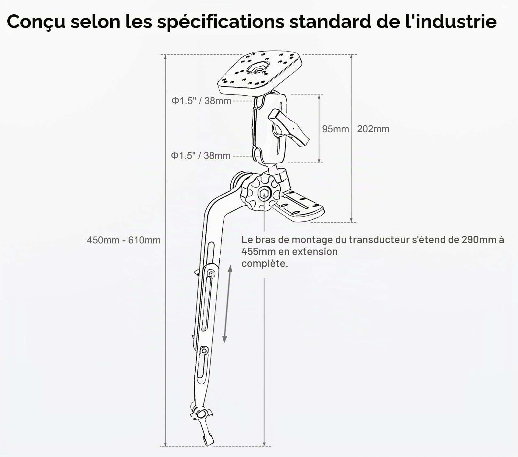 Support de sondeur de poisson avec bras de sondeur et support de montage réglable compatible avec Garmin, Lowrance, Humminbird