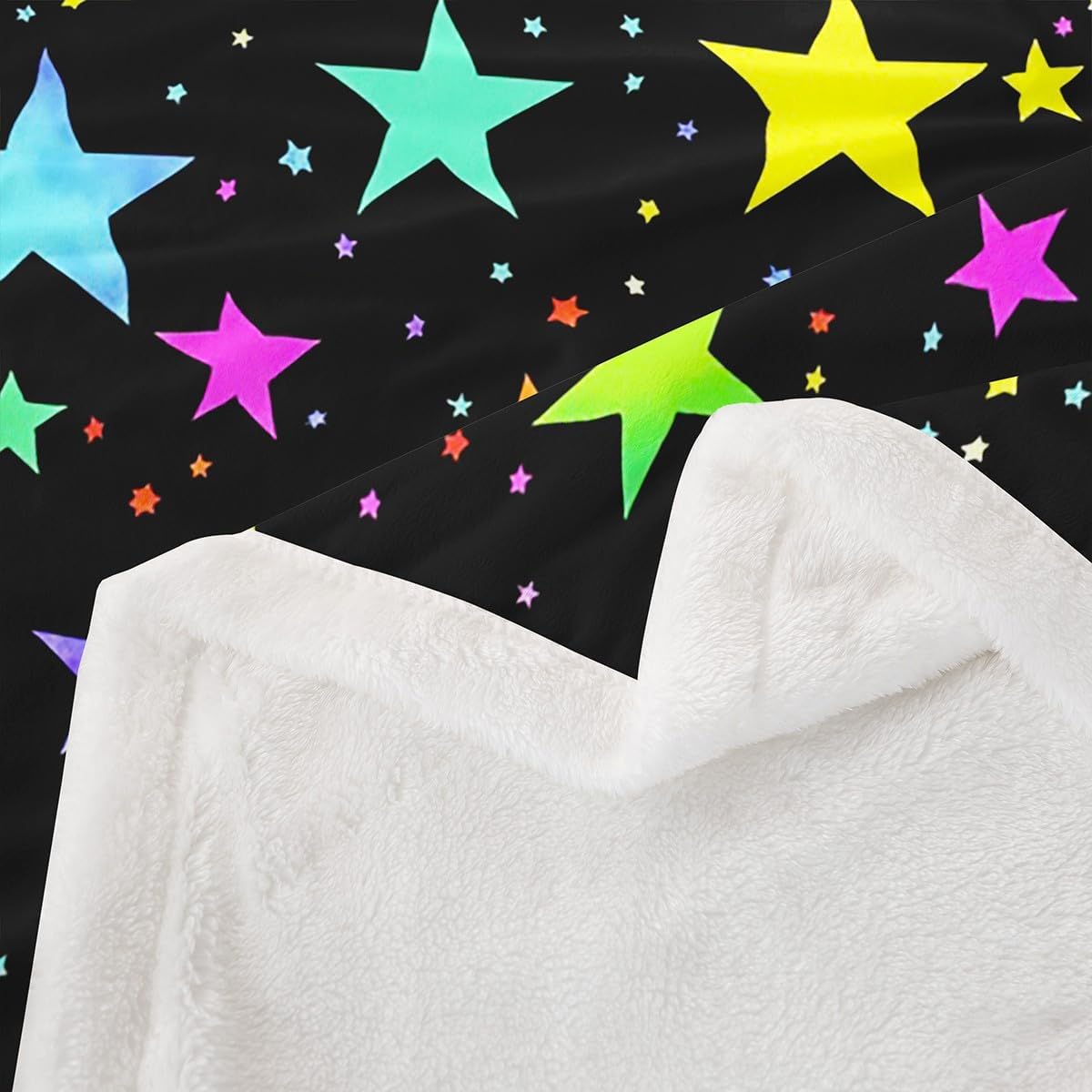 Kawaii Glitter Stars Throw Blanket for Bed Rainbow Glowing Star Fleece Blanket Psychedelic Space Cosmos Travel Blanket Queen Size Colorful Neon Light Star Blanket Girls Cute Fuzzy Blanket Cozy