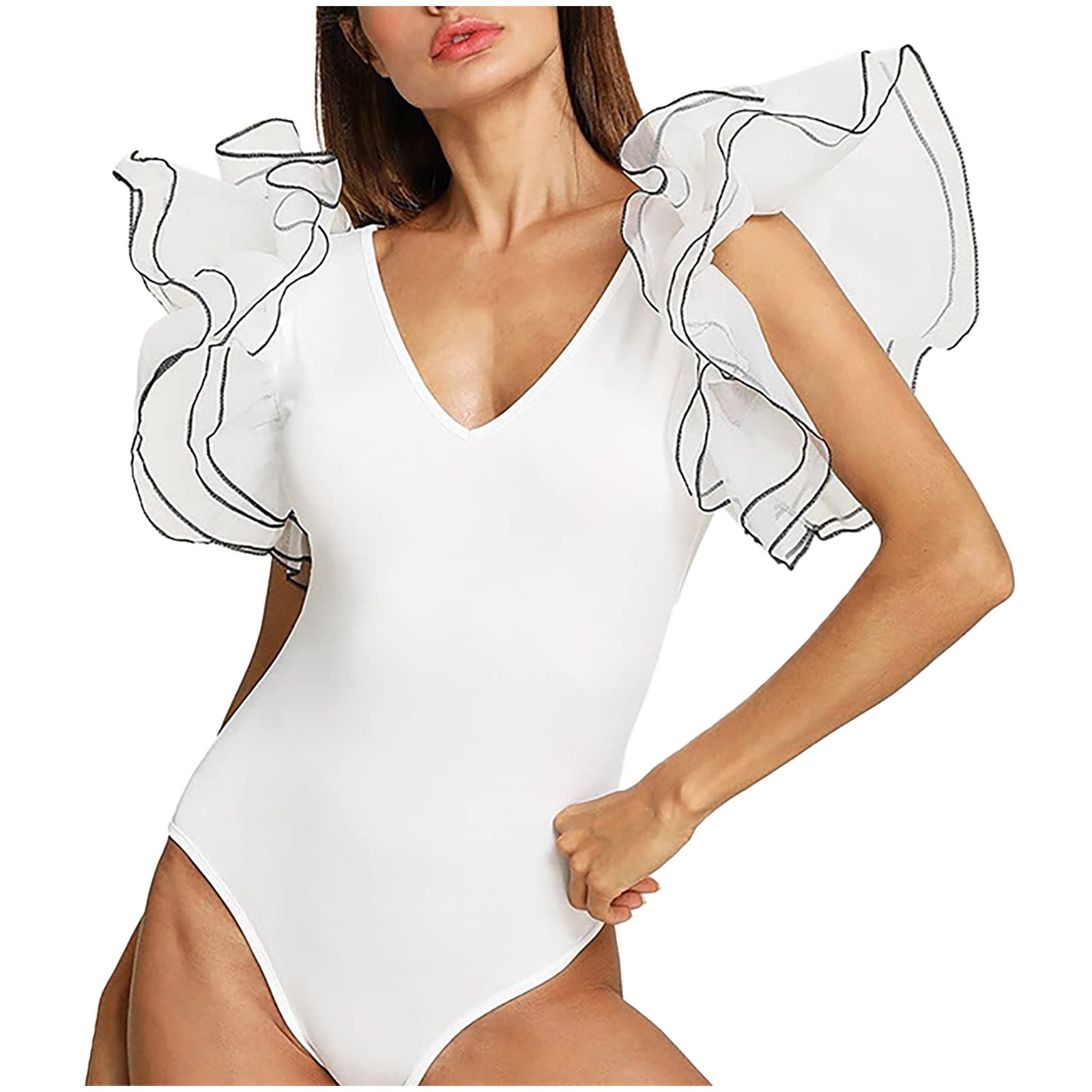 Body Bodysuit Mujer Verano Elegante Blusa con Volantes Cuello Redondo Manga Corta Top con Encaje Doble Volantes Bodysuit Adelgazante Sin Costura Mono Elástico Mujer Elegante Sexy Camisetas Casual Mono