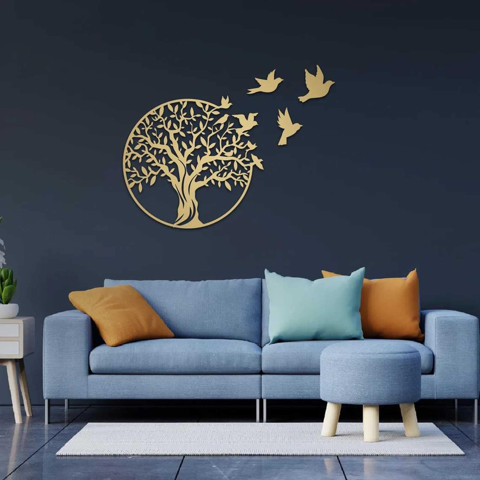 Metal Tree Of Life Wall Art, 4pcs Birds Of Peace Wall Plaque Decorative, Bird Flying Away Metal Sculpture Outdoor Decor Set , Gold-49cm/19.6in
