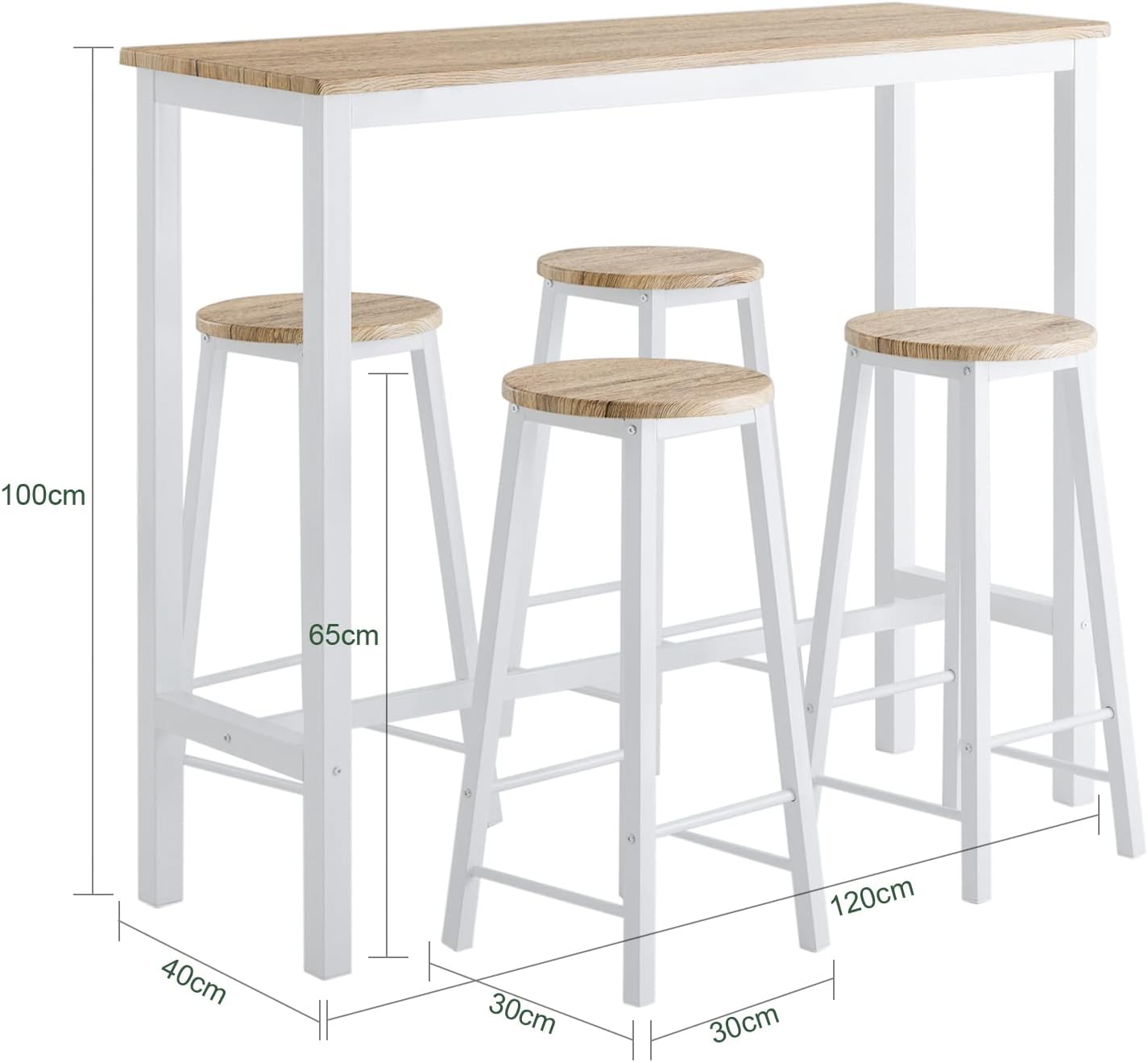 Diagram showing dimensions of the bar table and stools