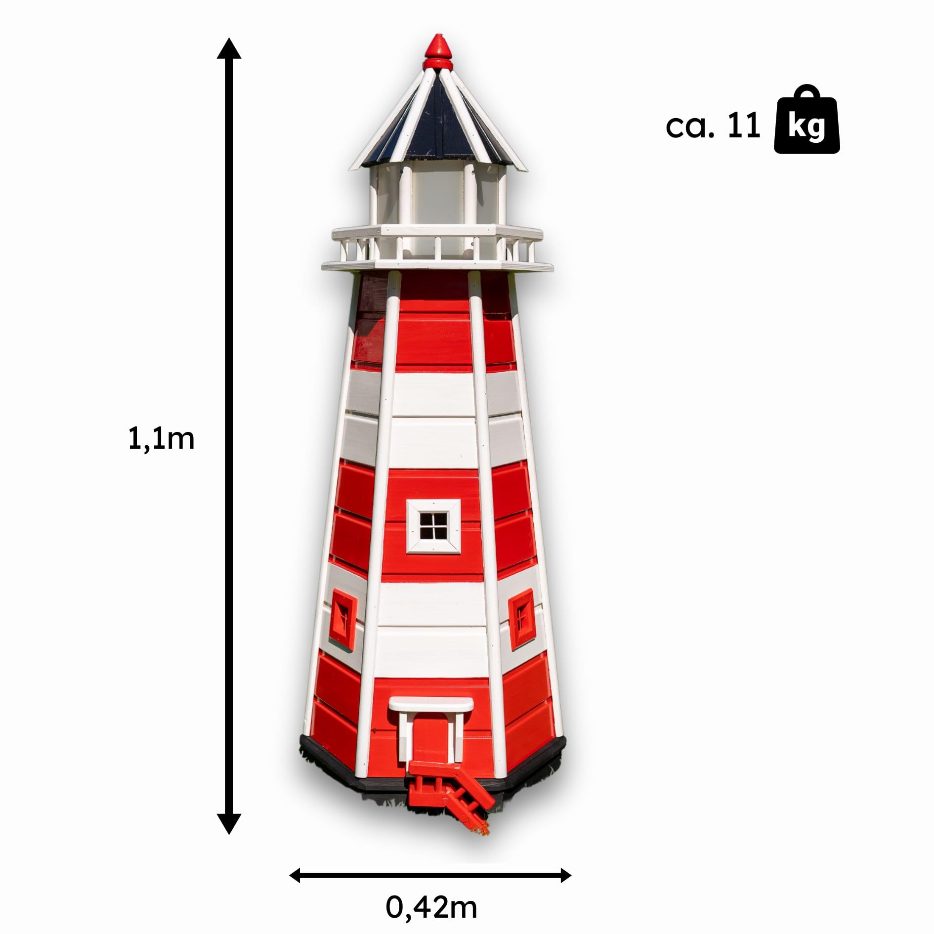 Deko-Shop-Hannusch Wunderschöner großer XXL Leuchtturm aus Holz mit SOLAR Beleuchtung Größen, Solarbeleuchtung, (rot/Weiss, 1,10 m)