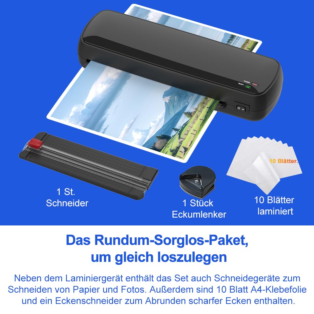 Plastificatrice A4 con riscaldamento rapido, plastificatrice a caldo/freddo con anti inceppamento e 300 mm/min, con 20 pellicole, per documenti, foto, compatta per ufficio e casa