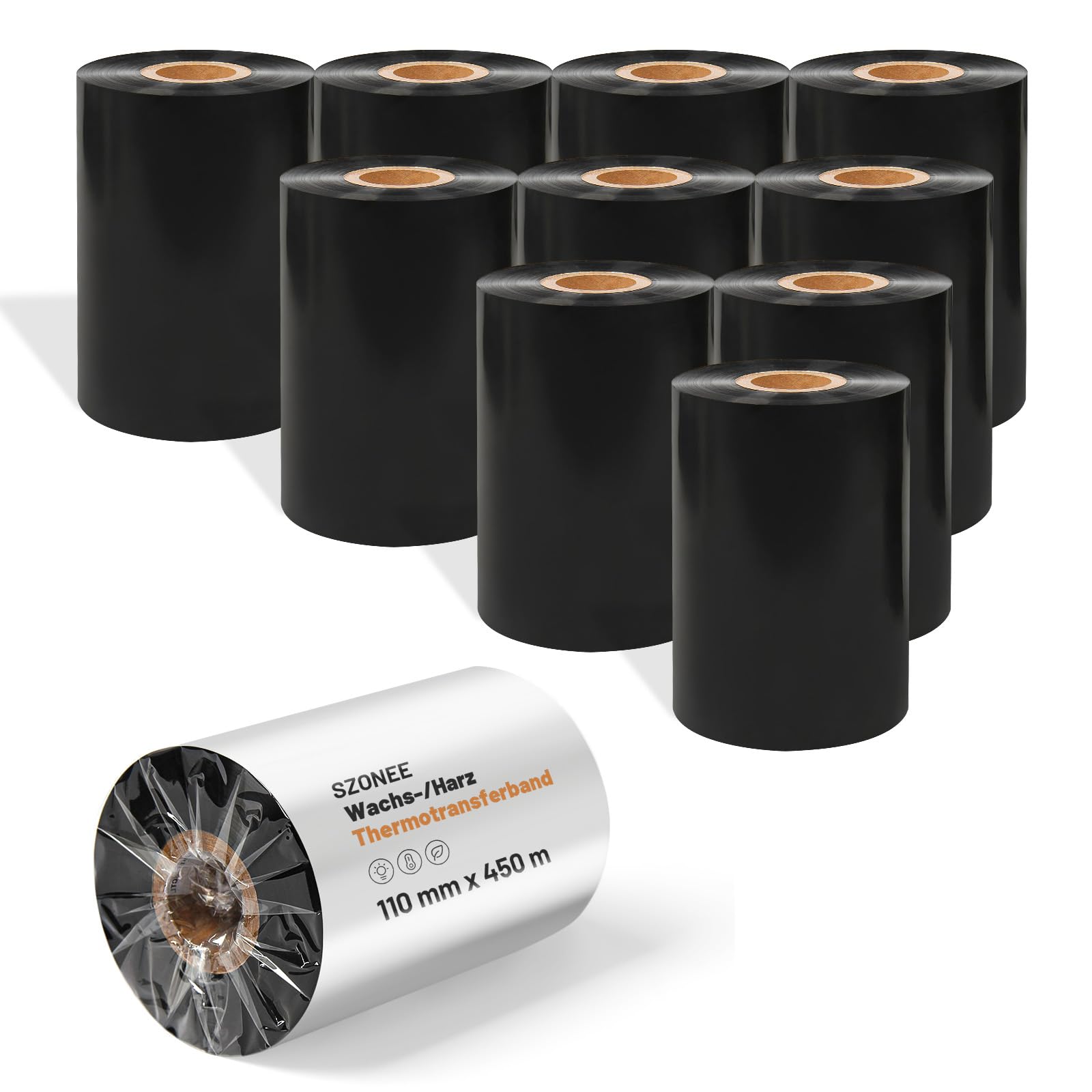 10 Rollen Harzverstärktes Wachsfarbband 110mm x 450m – 25mm-Kern Thermotransferband für Barcode-Etiketten, Außen-CSO, Kompatibel mit Zebra, Sato, Datamax, TSC, GoDex, Citizen