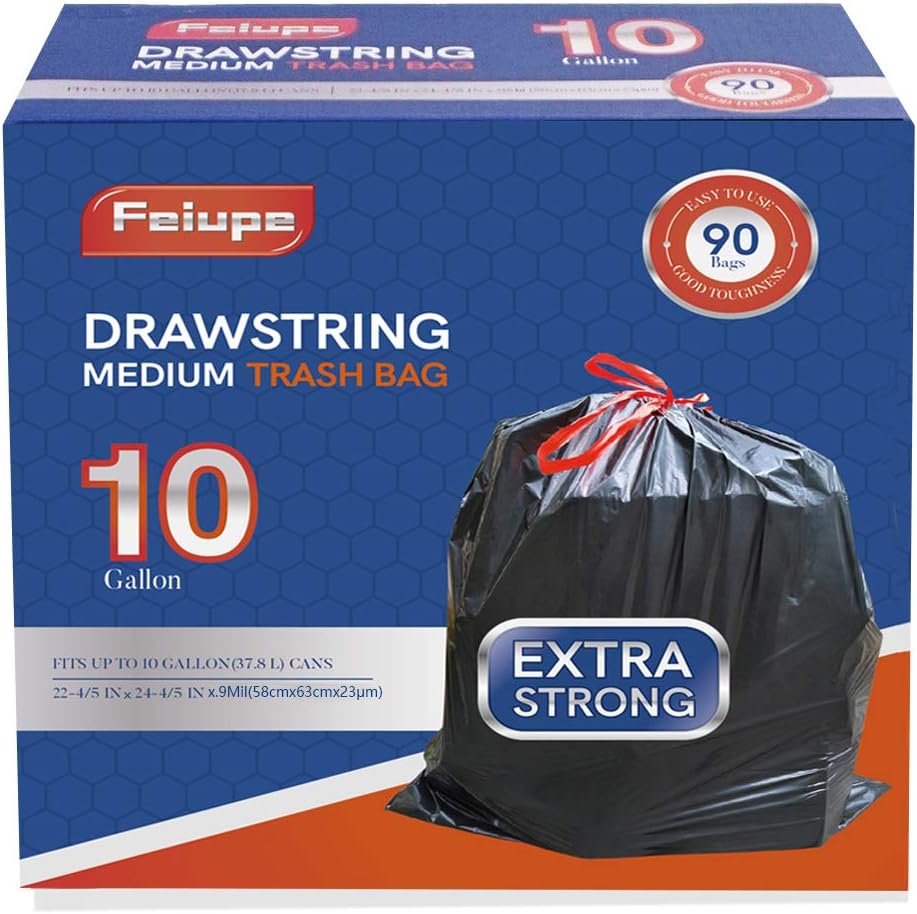 10 Gallon Drawstring Trash Bag Garbage Bag Trash Can Liner,0.9 Mil,90 Count (Black, 10 Gallon)