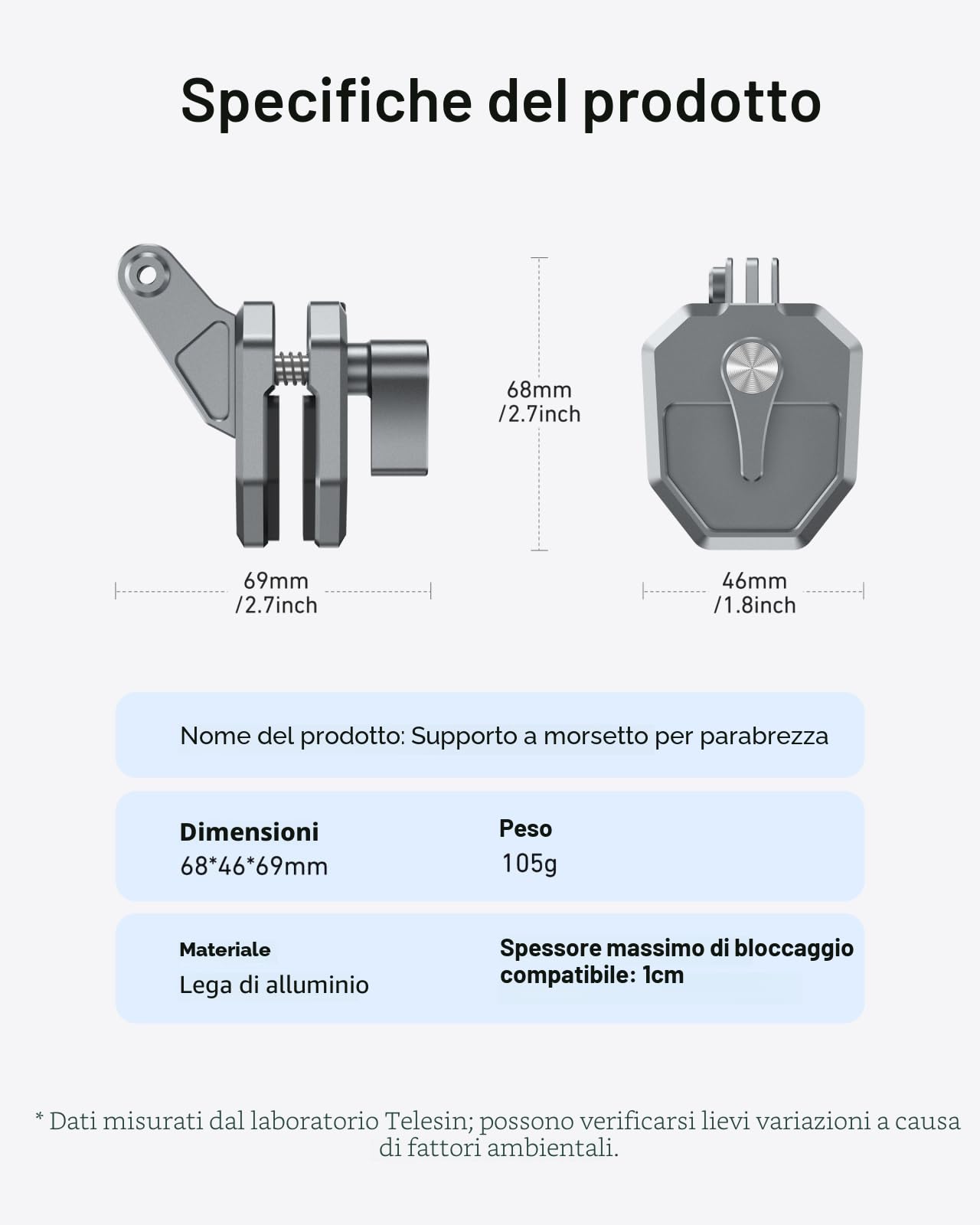TELESIN Supporto in alluminio per parabrezza moto con morsetto clip, compatibile con Hero 13 12 11 10 9 Insta360 X5 X4 X3 Ace Pro DJI Osmo 360 Osmo Action 6 5 Pro 4 3 2 Accessori per moto e action cam