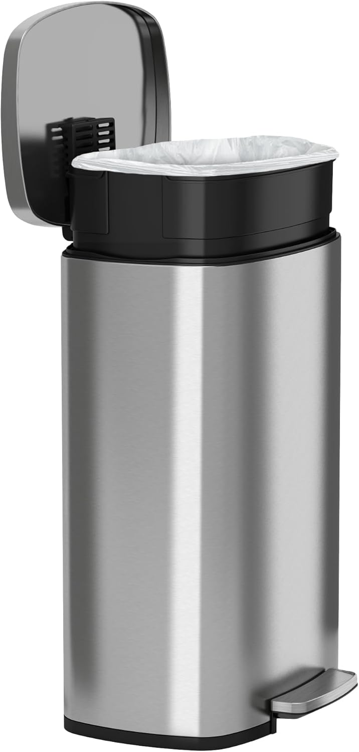 iTouchless SoftStep 50 Liter / 13.2 Gallon Stainless Steel Step Kitchen Trash Can, Soft-Close Lid, AbsorbX Odor Filter & Removable Inner Bucket, Slim Rectangular Pedal Recycling Bin for Home, Office