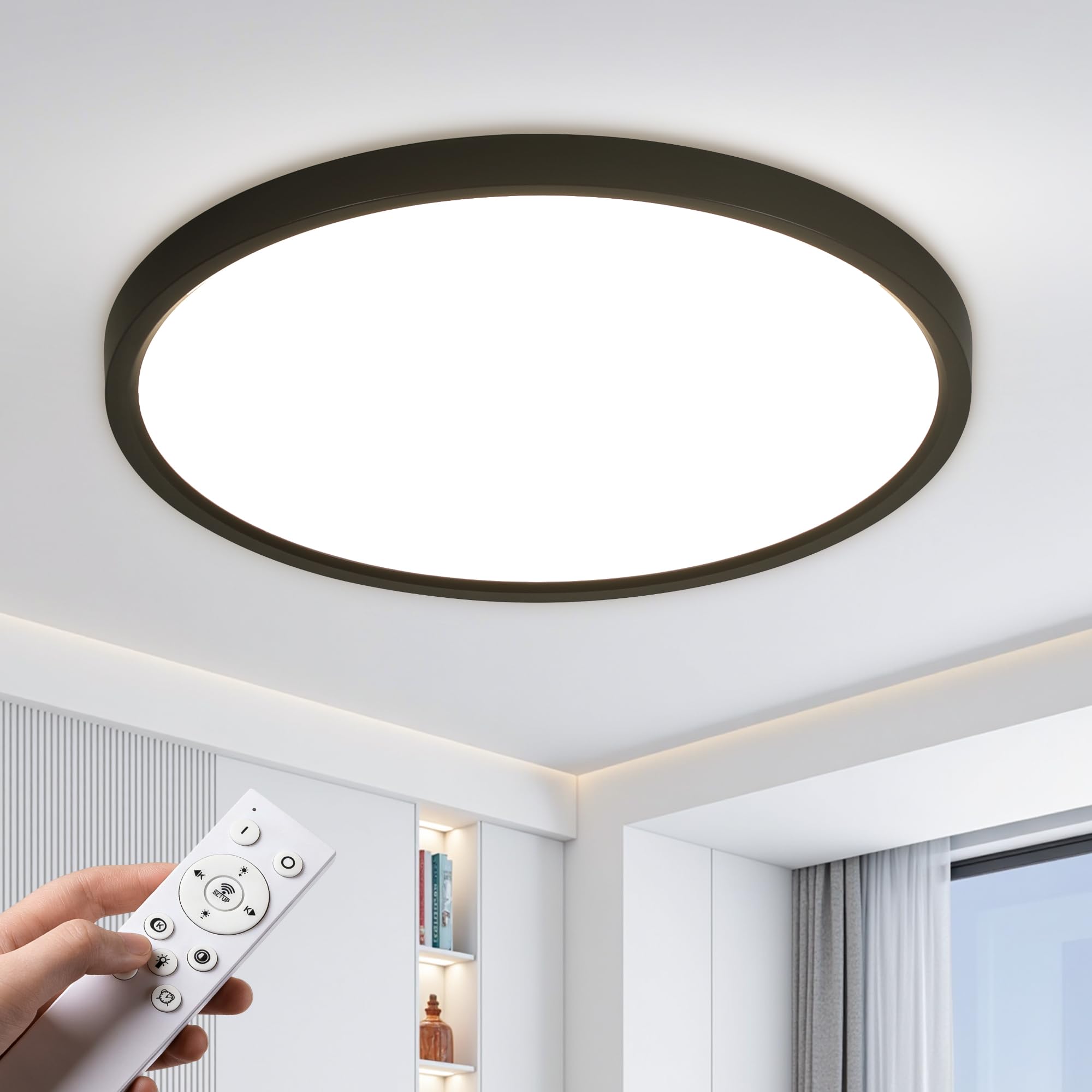 OTREN Lampa sufitowa LED do ściemniania, 48 W, 4800 lm, z pilotem, trybem nocnym i funkcją pamięci, 3000 K–6500K, wodoodporna IP44, do łazienki, salonu, kuchni i sypialni, 40 cm