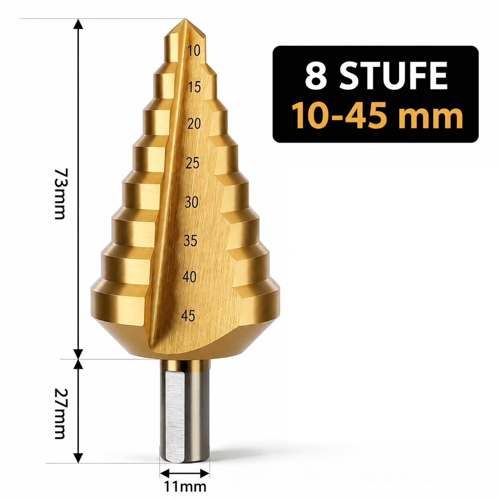 ERWEY Broca escalonada HSS TIN 10 – 45 mm, accesorio de broca cónica, broca peladora, fresa multietapa