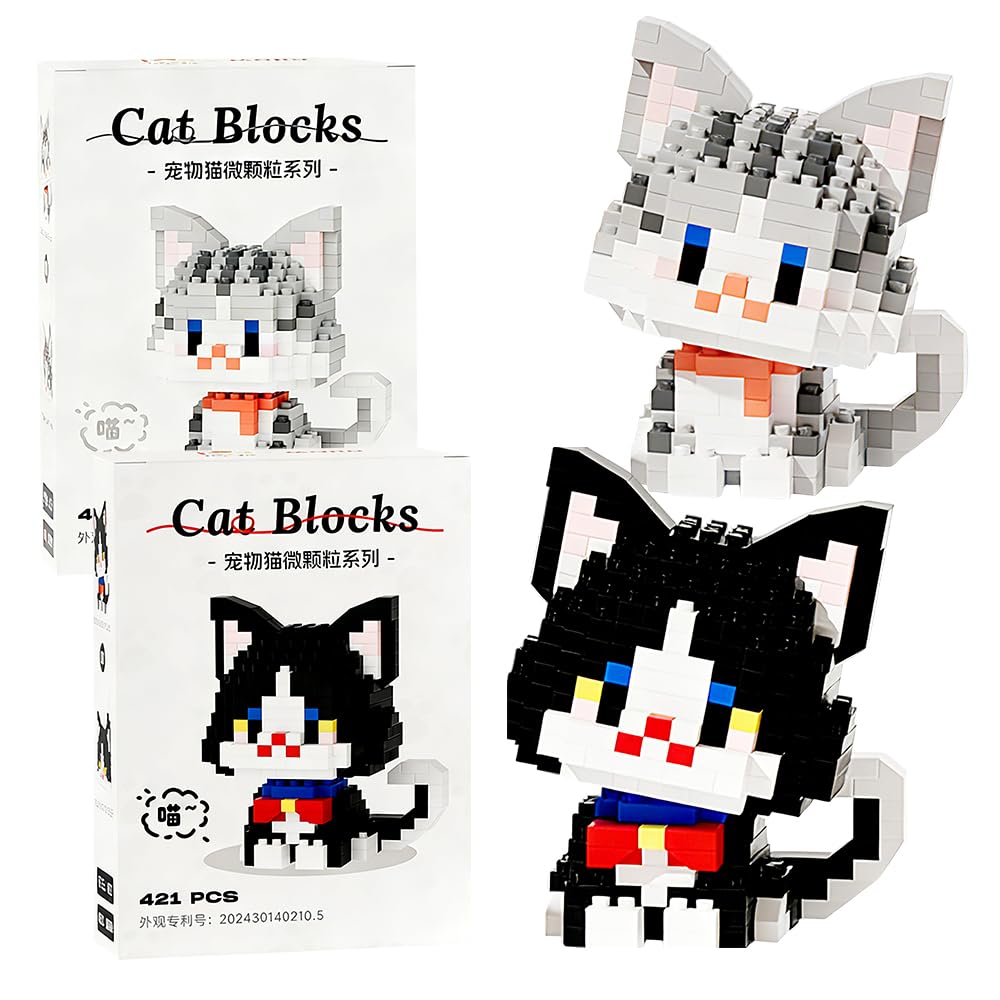 Cat Building Blocks Set , 2PCS Micro Buildings Bricks DIY Blocks 3D Puzzle Brick Micro Buildings Block Set Building Figures Ornament 3D Puzzle Brick Construction Bricks Gift for Birthday(Gray,Black)