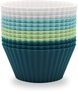 Silicone Baking Muffin Cups 12 Pack, Reusable Cupcake Liners Cake Molds, BPA Free, Dishwasher Safe(White, Green, Navy, Dusty Blue)