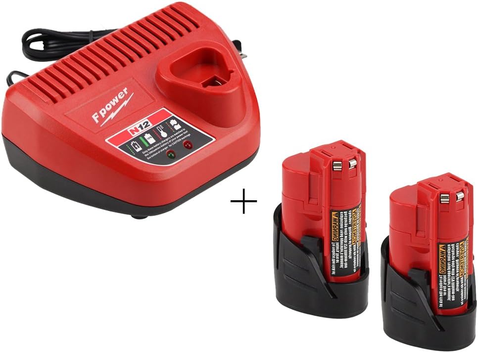 Topbatt Replacment M12 2.0Ah Battery and Charger for Milwaukee 10.8V-12V Lithium Ion 48-11-2440 48-11-2402 48-11-2411