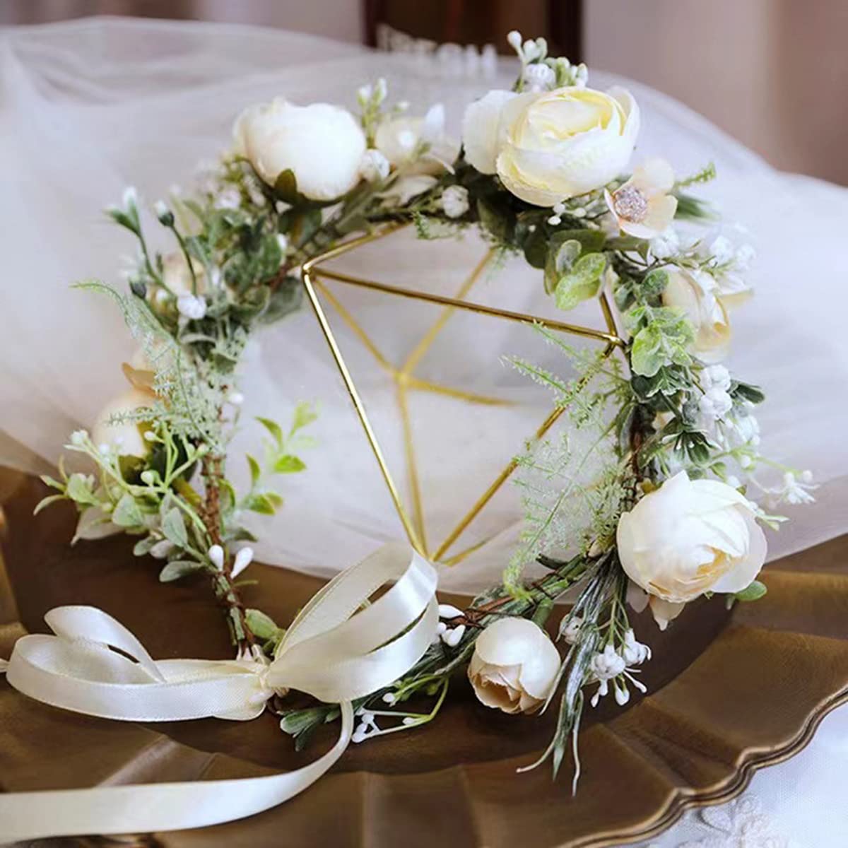 DreamLily Girls Camellias Flower Crown Birthday Photo Pops Hair Wreath Wedding Festival Floral Headpiece XM11 (A-Champagne) - Image 6