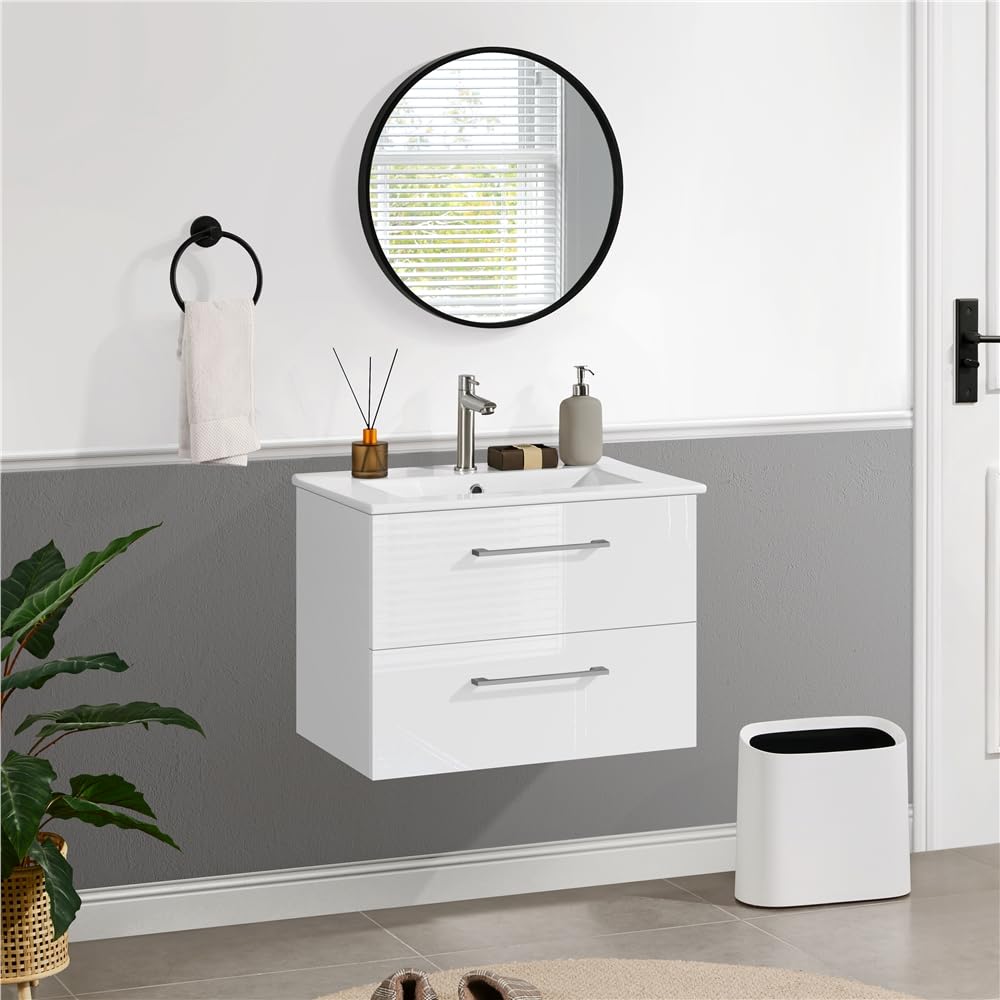 Yaheetech Mueble Baño con Lavabo Mueble de Lavabo bajo el Grifo Suspendido en Pared con 2 Cajones Mueble Auxiliar baño 61x39,5x45,5 cm Blanco