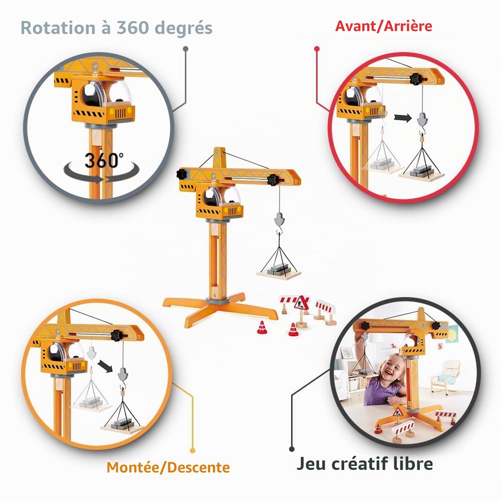Hape Grue en Bois Enfant - Jeu d'Imitation Fun Chantier en Bois - Enfants de 3 Ans et Plus - Accessoires Grande Grue Transportable - Idéal pour Développer la Motricité Fine, Stimule l'Imagination