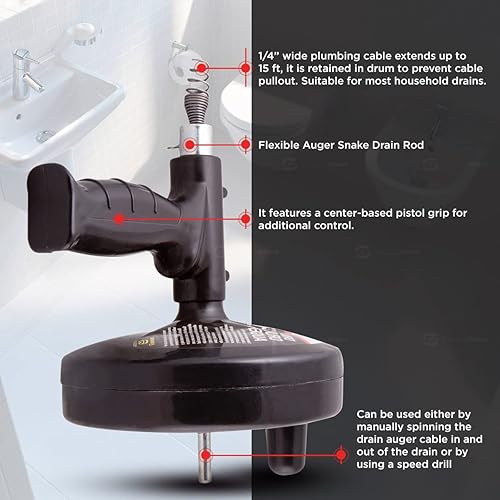 Miniatura 5 de Supply Giant SU3249 Taladro y taladro manual de tambor, serpiente de drenaje de fontanería de acero con cable de limpieza de drenaje de 15 pies para