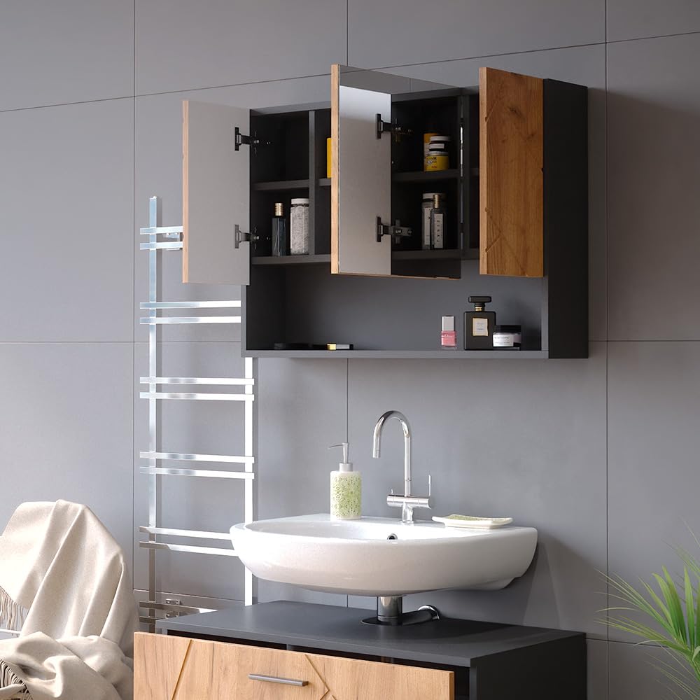 Vicco Specchio contenitore bagno Irma Rovere dorato/antracite 80.1x55 cm | con specchio e ripiani aperti per montaggio a parete