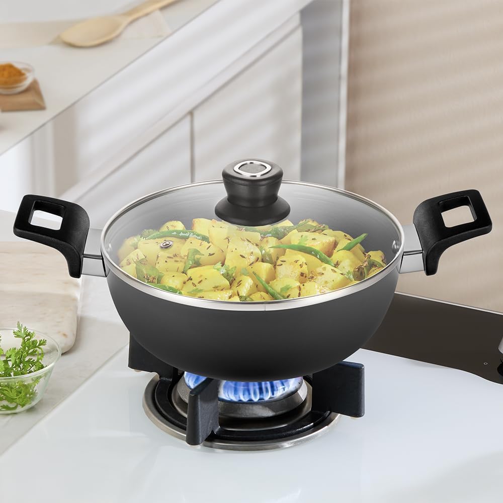 Borosil 4 L (26 cm) Hard Anodized Deep Kadai with Glass Lid | Aluminium Grade 3003 | Glossy Exterior & Matt Interior | Even Heat Distribution | Easy to Clean | 5 Years Warranty