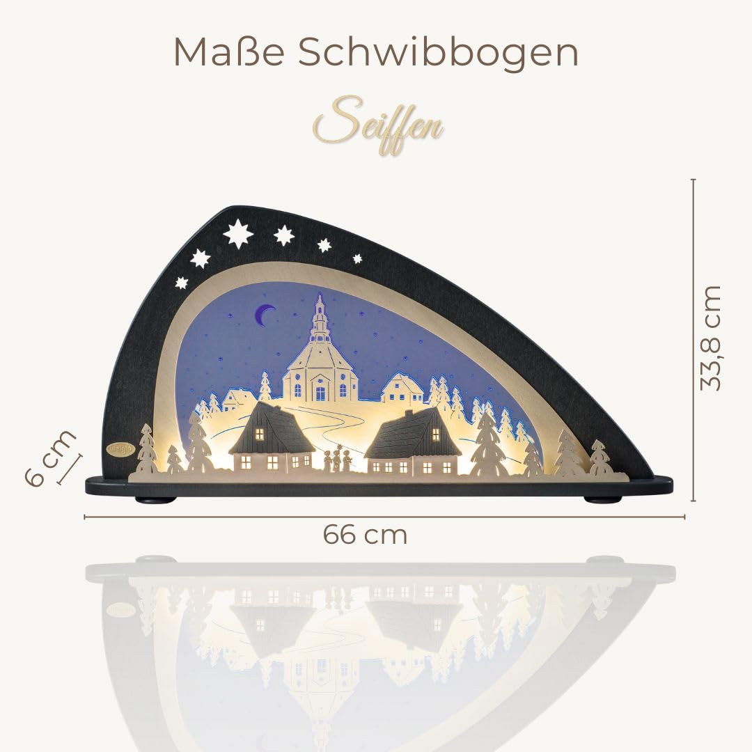 weigla - Schwibbogen original Erzgebirge I Motiv Seiffen I LED-Lichterbogen Weihnachten I Größe 66 x 33,8 x 6 cm I Inklusive Beleuchtung I beleuchtete Weihnachtsdeko innen I aus Holz