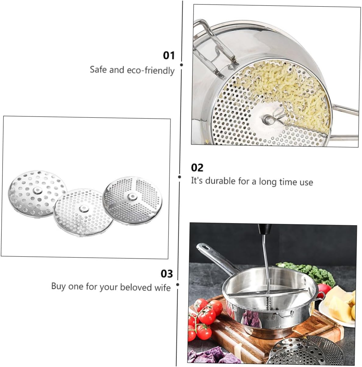 SECFOU Stainless Steel Food Blender Shredder Sauce Separator Cheese Grater Food Cooking Blender Stainless Steel Cooking Supplies Handle Polishing Design Comfortable Grip Effortless Manual