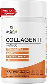 Collagen II +Ativos Colágeno Tipo II (40mg) + Cúrcuma (130mg de Curcumina) + MSM (300mg) + Ácido Hialurônico (100mg), 90 Cápsulas, Fortalvit