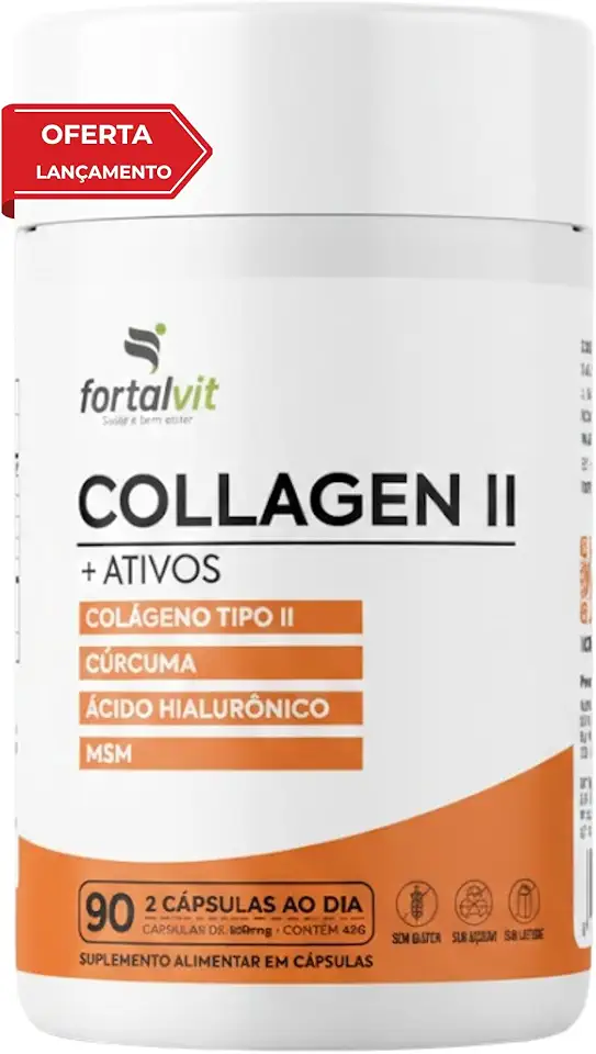 Collagen II +Ativos Colágeno Tipo II (40mg) + Cúrcuma (130mg de Curcumina) + MSM (300mg) + Ácido Hialurônico (100mg), 90 Cápsulas, Fortalvit