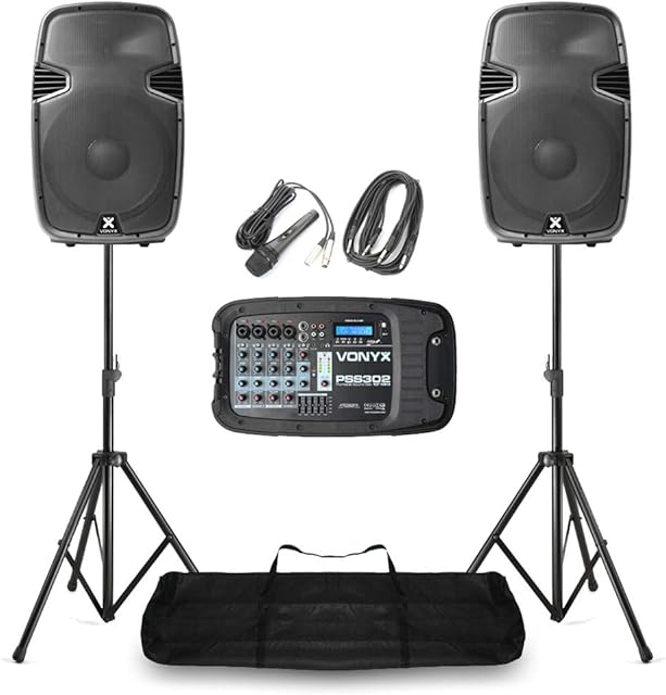 VONYX Portable PA Speaker System MP3 Bluetooth Amplifier Mixer, Mic, Stands DJ Disco