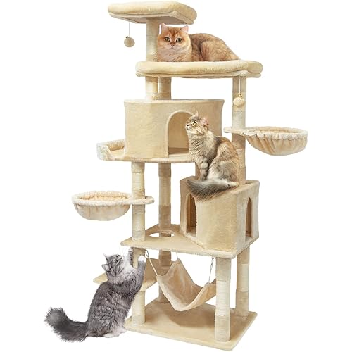 Upgraded 66.9’’ Multi-Level Cat Tree with 2 Spacious Condos, 2 Big Plush Perches, a Nice-View Balcony and 3 Soft Hammocks, Cat Tower with Sisal Covered Scratching Posts for Indoor Cats…