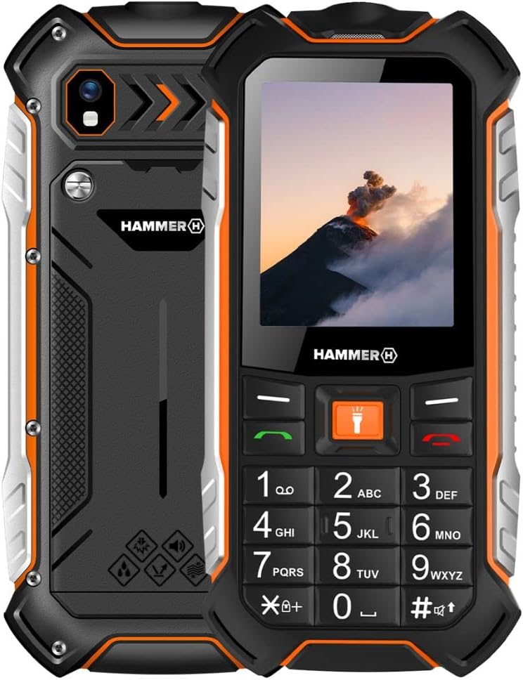 Hammer H Forge Telefono cellulare da esterno senza contratto, 32 GB, batteria da 2300 mAh, display TFT da 2,4, torcia, IP68, radio FM, jack da 3 ,5 mm, 2 MP, USB-C, doppia SIM