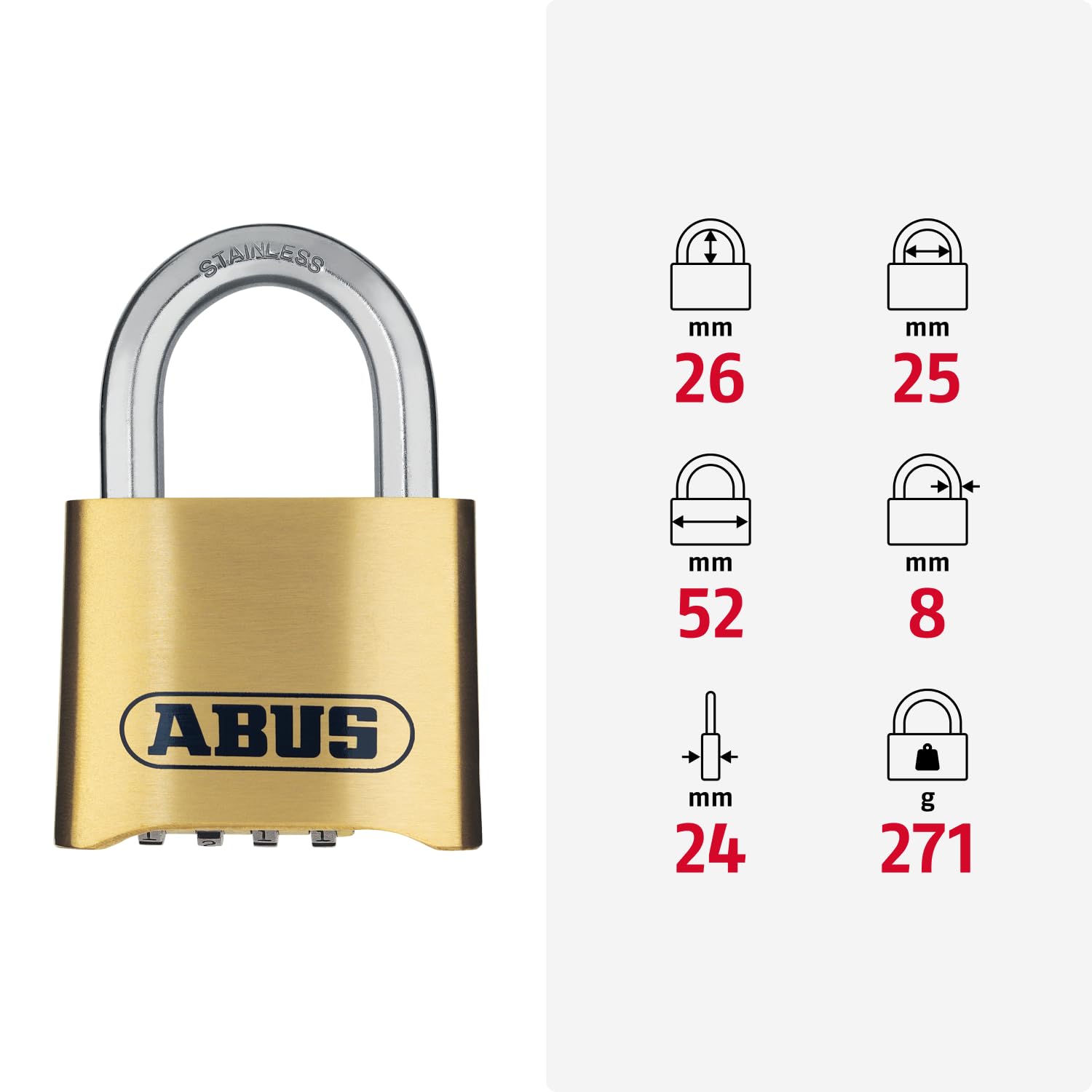 ABUS Cadenas à combinaison 180IB/50 - Cadenas en laiton - résistant aux intempéries - avec code numérique réglable individuellement - niveau de sécurité ABUS 5 - couleurs laiton