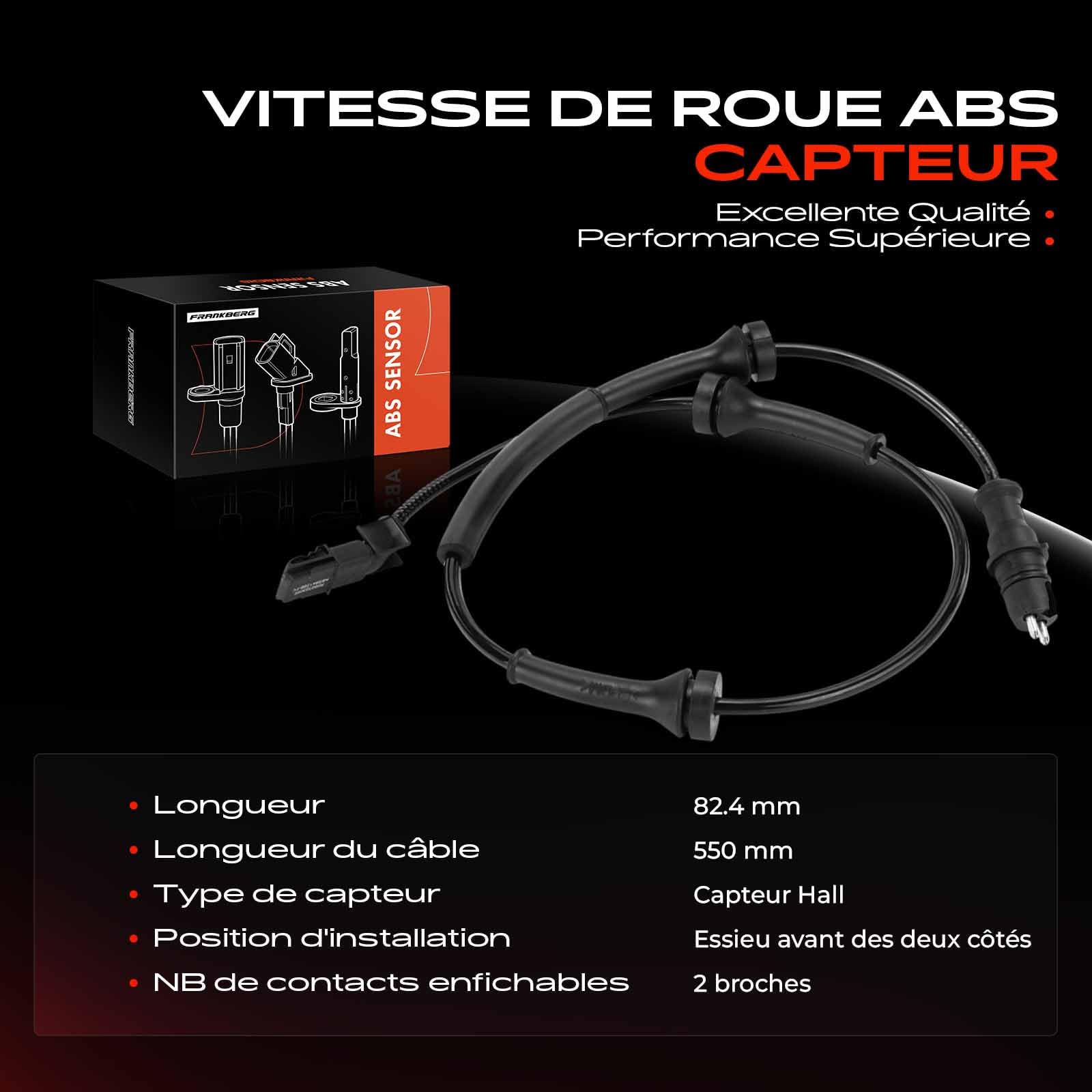1x Capteur ABS Avant pour Espace IV JK0/1 Laguna II BG0/1 Laguna II Grandtour KG0/1 Vel Satis BJ0 2001-Aujourd'hui 8200084125