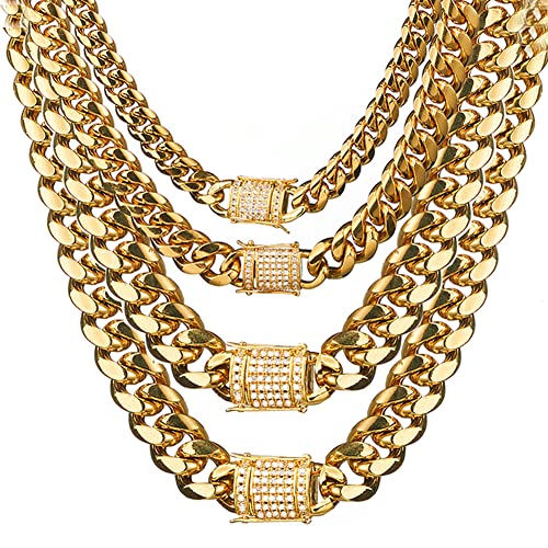 WXP 18K Gold Cuban Link Chain Necklace or Bracelet for Men Women 8mm 10mm 12mm 14mm 18mm Stainless Steel Miami Chain Gold Chain Necklace Hip Hop Jewelry 7.5-30inch