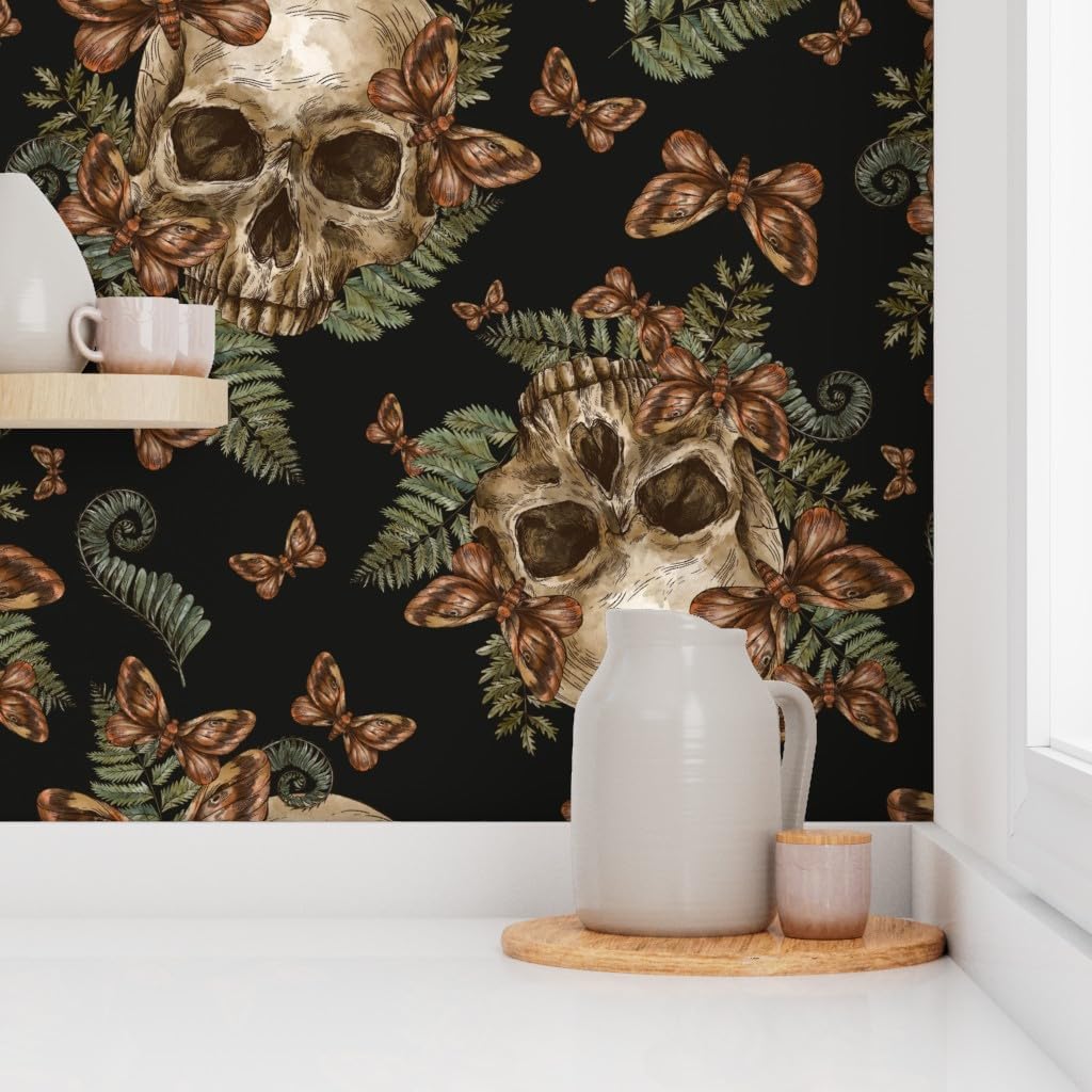 Peel & Stick Wallpaper 3ft x 2ft - Moth Skull Black Vintage Skeleton Fern Halloween Custom Removable Wallpaper by Spoonflower