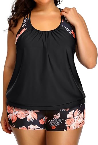 Holipick Plus Size Tankini Swimsuit for Women Two Piece Tummy Control Bathing Suit Blouson Racerback Tankini Top with Shorts