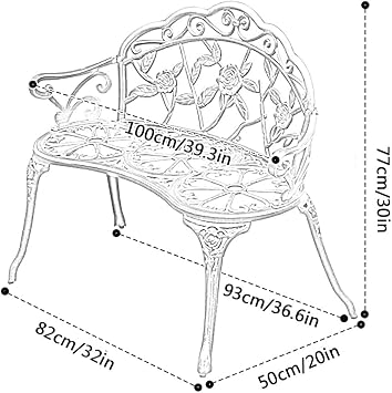 2 Seater Garden Bench, Balcony Bench with Backrest and Armrest, Vintage Garden Furniture, Cast Aluminum Bench for Terrace, Park, Porch, Lawn