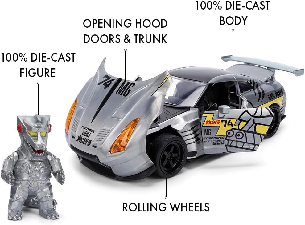 Jada Toys MechaGodzilla Car Nissan GT-R R35 Ben Sopra 2009 (19 cm) with Figure (7 cm) - Model Car with Parts to Open, Toy Set Made of Metal for Fans and Children from 8 Years