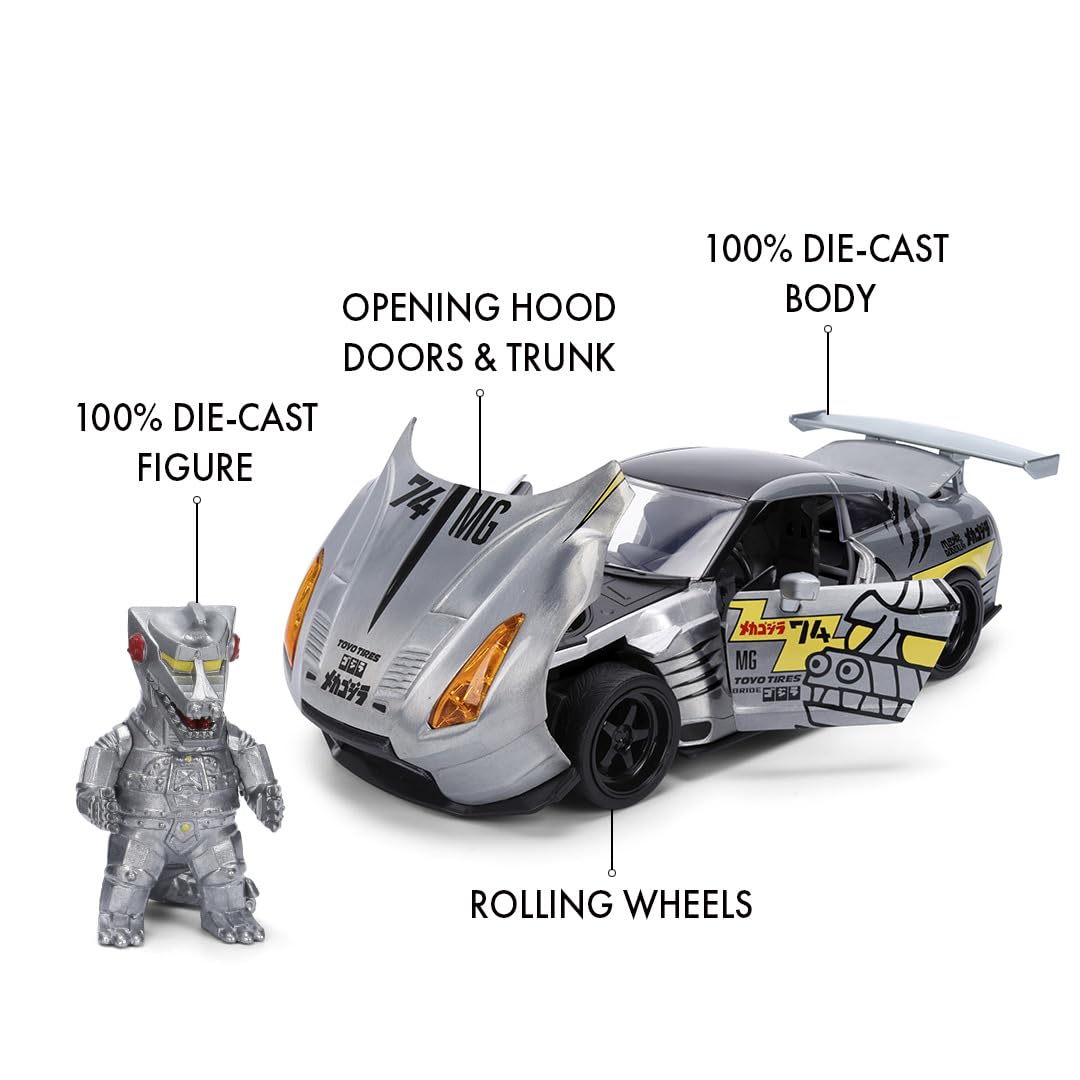 Jada Toys MechaGodzilla Auto Nissan GT-R R35 Ben Sopra 2009 (19 cm) z figurką (7 cm) – model samochodu z częściami do otwierania, zestaw zabawek z metalu dla fanów i dzieci od 8 lat