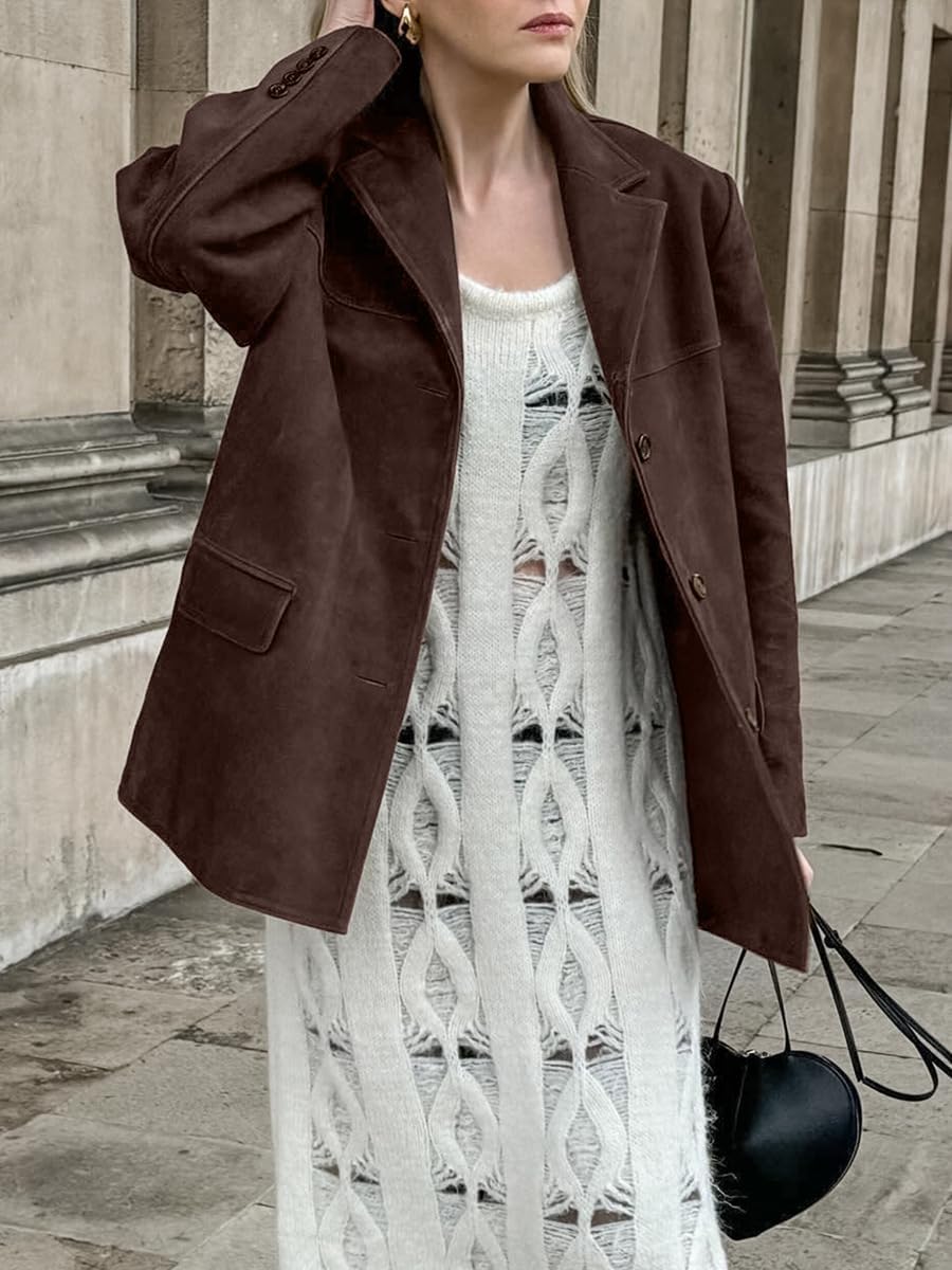 chouyatou Women's Faux Suede Blazer Jacket Notched Lapel Single Breasted Faux Suede Leather Suit Jacket