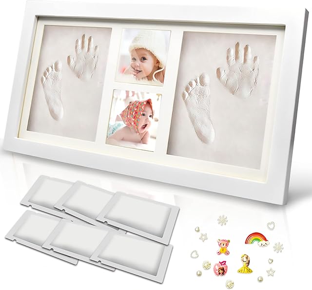 TENQUAN Baby Footprint Kit & Handprint Kit, Wood Frame with 6 Packs Clay Picture Frame Kit for Baby Girl Gifts & Baby Boy Gifts, Memorable Keepsakes Gift for New Born