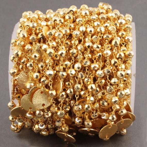 Chaîne rosaire pyrite perle ronde 4mm pour fabrication bijoux DIY