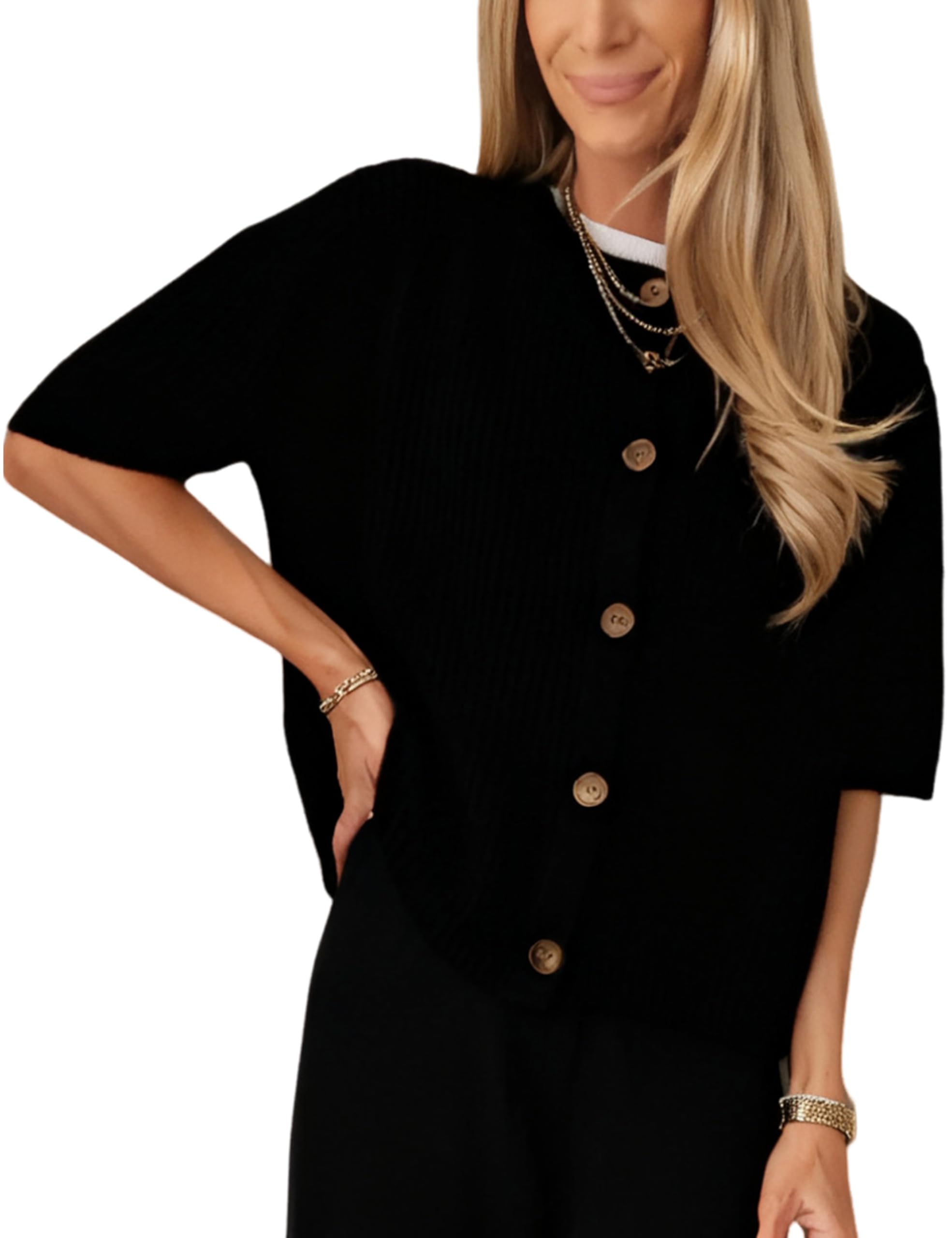 Yeokou Women Short Sleeve Cardigan Sweater Casual Loose Round Neck Button Down Knit Top