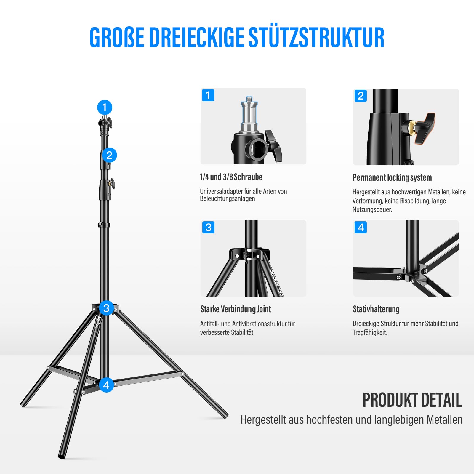 Godox Light Stand mit 1/4" bis 3/8" Universal Schraube, 112in Heavy Duty Steel Light Stand Fotografie Licht Stativ für Studio Fotografie (290F)