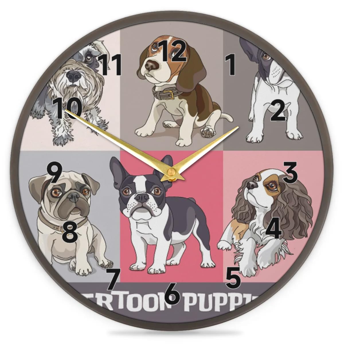 Mularoka Cartoon Puppies Wall Clock 9.5 Inch Silent Non-Ticking Battery Operated Quartz Modern Round Analog Clock for Living Room Office Home Bedroom Kitchen Bathroom School