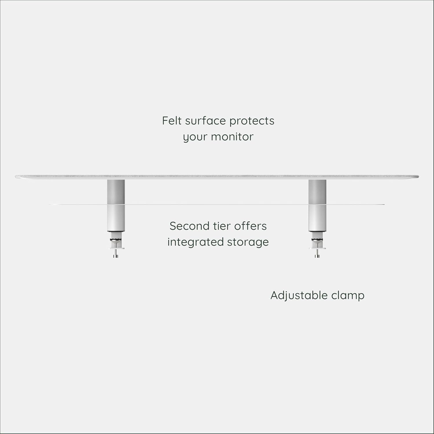 Branch Monitor Stand - Elegant, Durable Powder-Coated Steel Stand with Soft Felt Liner - Large Monitor Riser Second Tier Storage - Installs with a Universal Clamp for Ergonomic Workspace - White