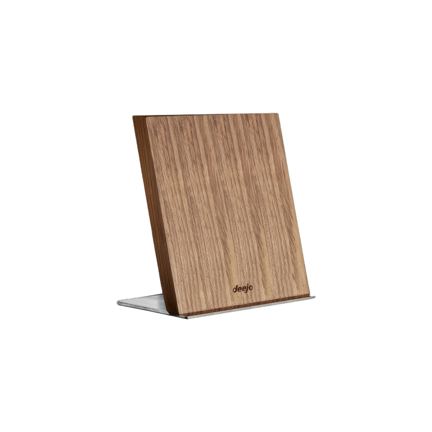 Deejo - Présentoir Magnétique pour 4 Couteaux (de Cuisine, de Poche, de Table) - Base en Acier Inoxydable, Patins Antidérapants, Habillage en Zebrano - Stabilité Optimale - 14,5 x 11,5 x 12 cm