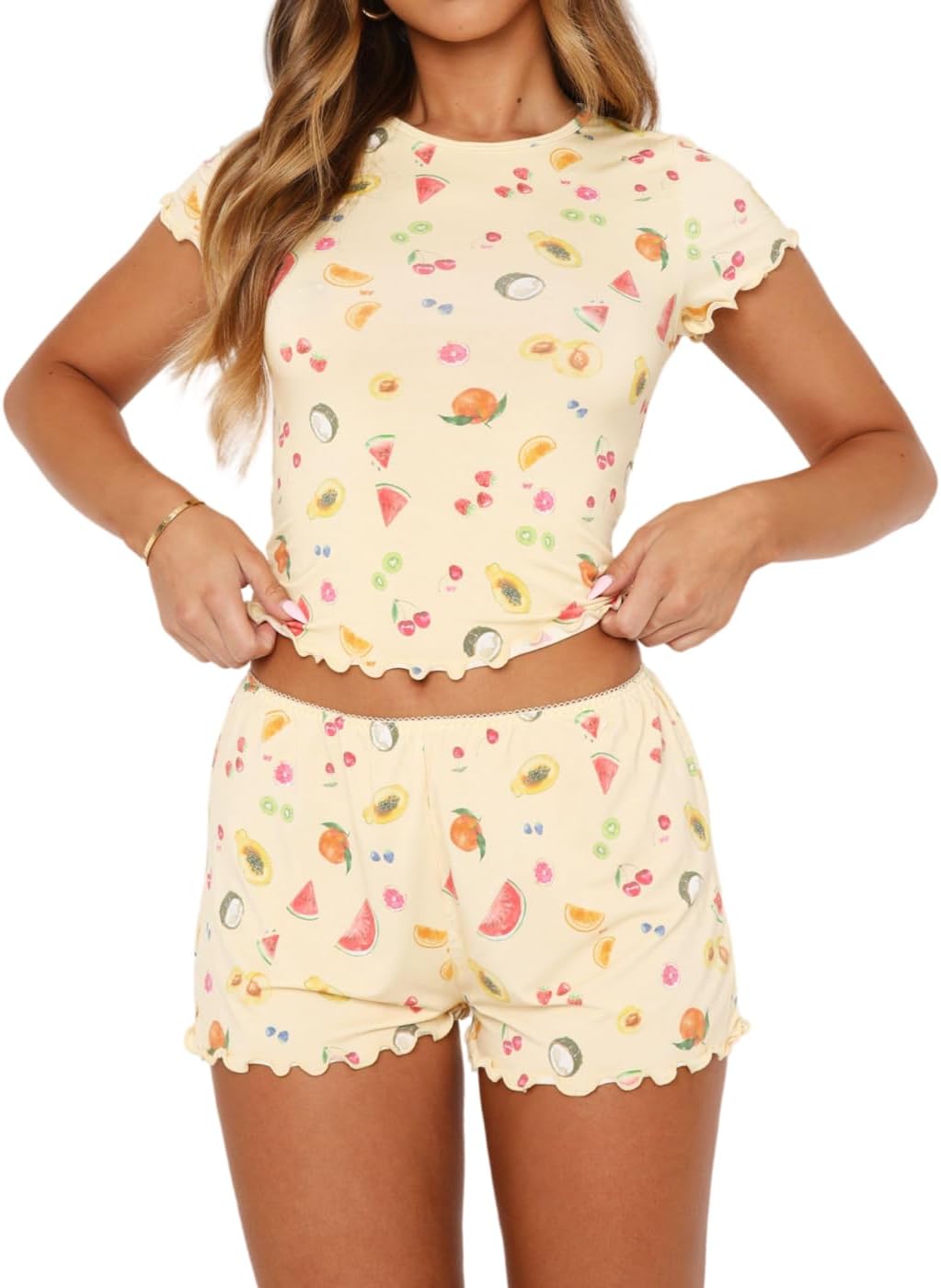 Dressmine Women Pajamas Set 2 Piece Sets Casual 2026 Summer PJ Shorts Cute Clothing Sets Y2k Short Sleeve Tops Lounge Outfits