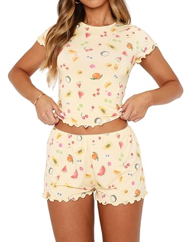 Dressmine Womens Pajamas Set 2 Piece Sets Casual Y2k Short Sleeve Tops Lounge Outfit 2025 Summer PJ Shorts Cute Clothing Sets - Yellow-fruits - Medium