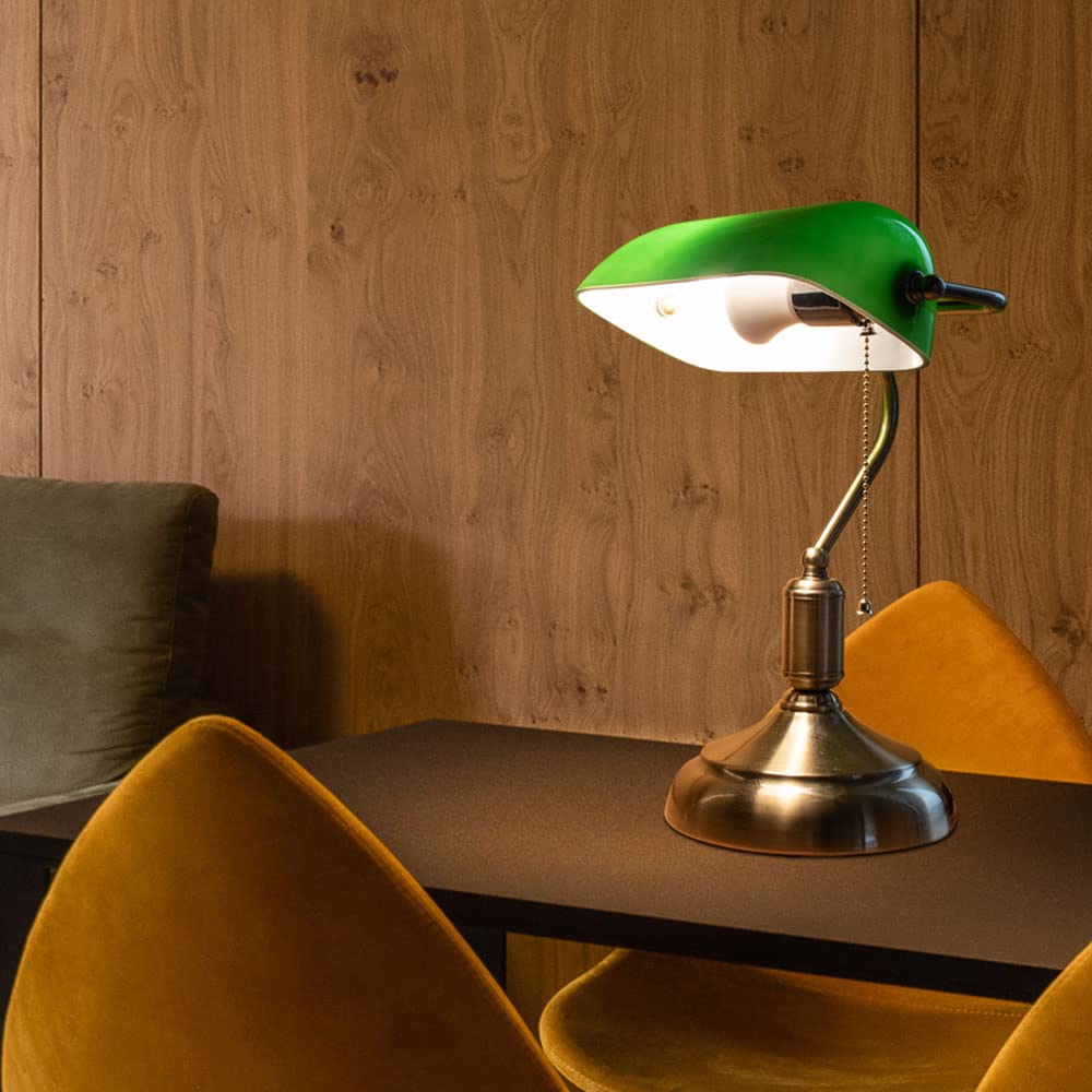 Bankerlampe Glas verstellbar LED Tischleuchte Retro grün Schreibtischleuchte Zugschalter, Metall, 3,7W 320lm warmweiß, LxBxH 26x18x36 cm