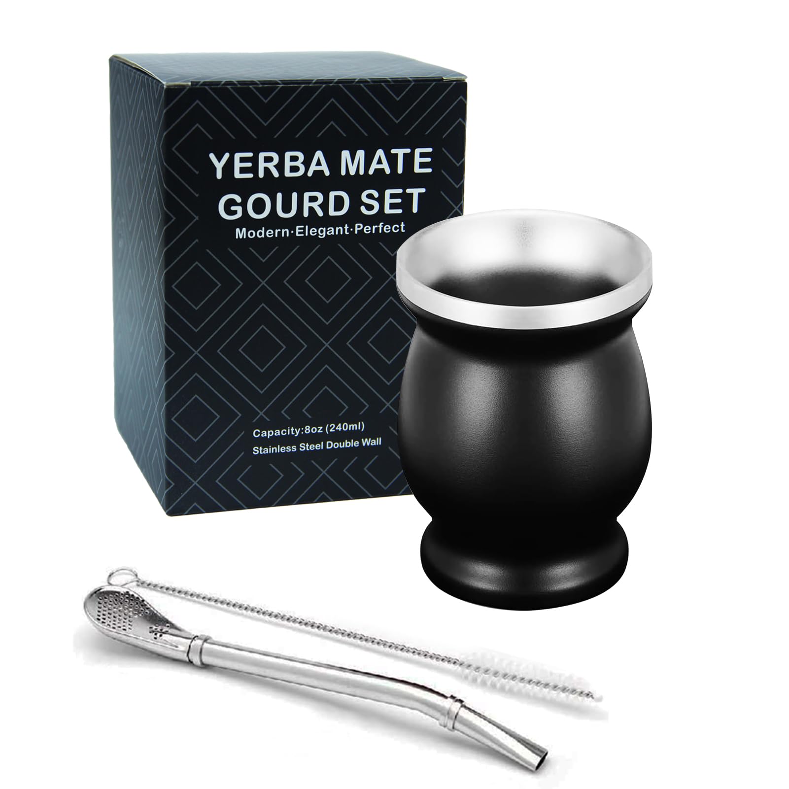 LA FEE Yerba Mate Natural Gourd/Tea Cup Set Brown (Original Traditional Mate Cup - 8 Ounces)，Includes Yerba Mate Straw & Cleaning Brush，Stainless Steel | Double-Walled | Easy to Clean (Black)